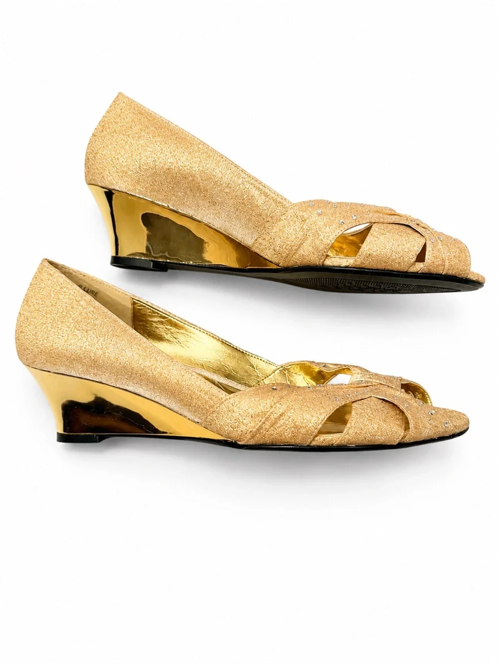 J.Renee Gold Glitter Wedge Peep-Toe with Bow and Crystals